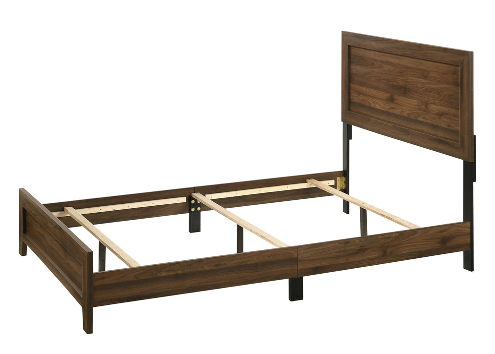 This bedroom set offers a minimalist design with a nod to rustic aesthetics, perfect for creating a serene and uncluttered space. The straightforward lines of the bed frame, combined with the rich wood finish, exude a sense of calm and earthiness. The acc