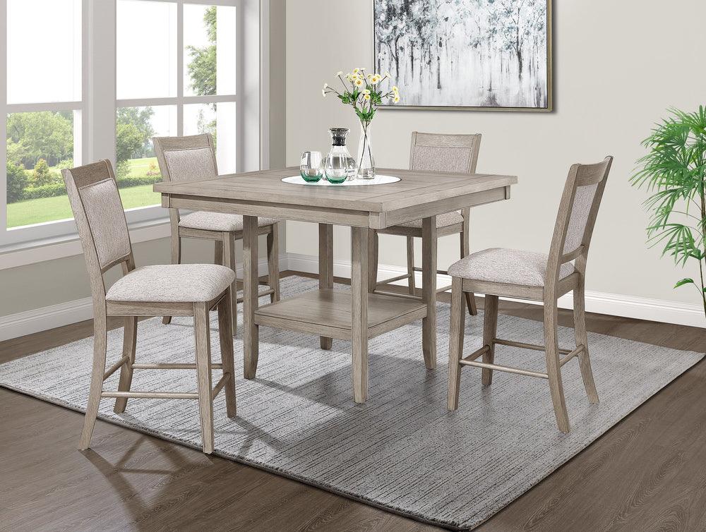 Elevate your dining experience with this elegant counter height dining set, designed to blend seamlessly with any modern or rustic dÃ©cor. The set features a spacious, finely crafted table with a built-in faux marble turntable and open lower shelf in a we