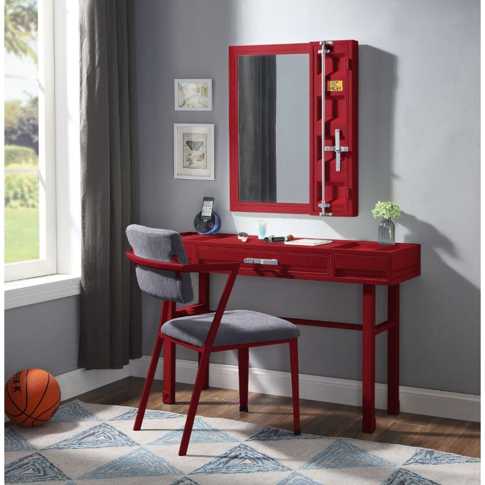 KD, Rectangular Vanity Desk Storage: 1 Drawer Feature: Metal Frame, Recessed Panels (Cargo Container Panels) CONSTRUCTION Metal Top: Iron Plate (40 x 40mm), Drawer w/Wood Metal Straight Legs Drawer: GLIDE Side Metal (Ball Bearing, 3/4 Ext.), DOVETAIL NOT 