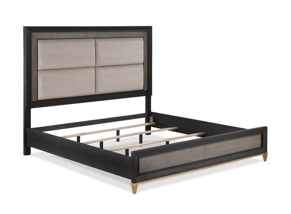  a bed with an upholstered headboard
