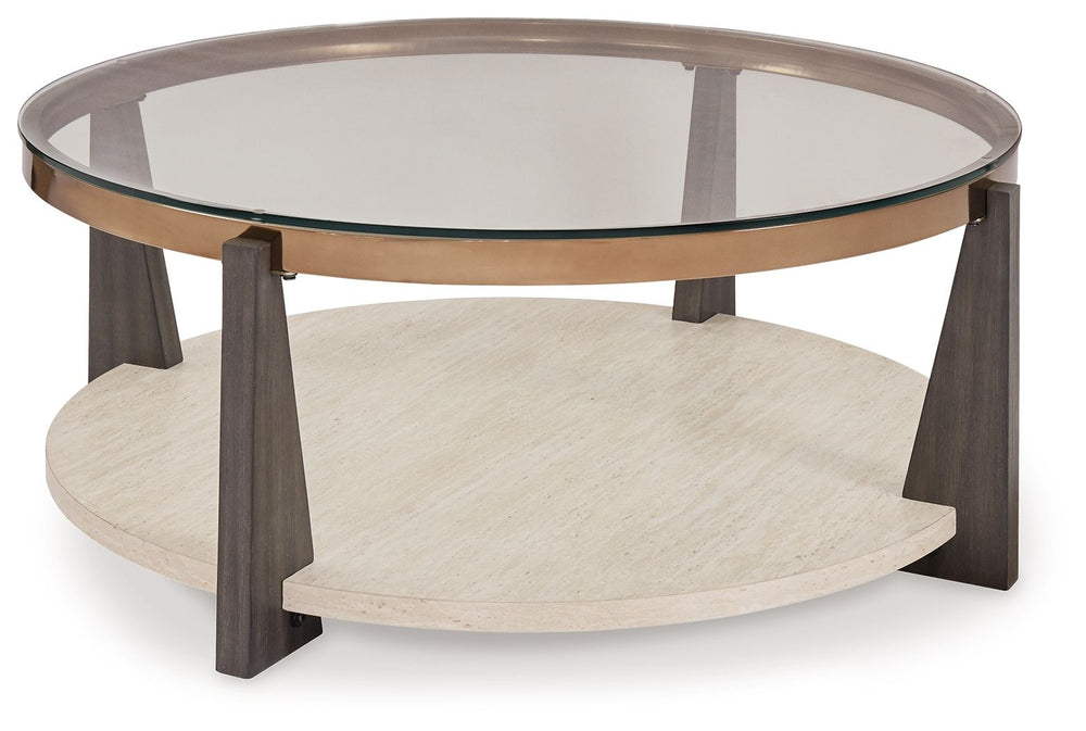  the Frazwa coffee table is totally brilliant. Solid wood legs and a faux travertine shelf merge splendidly with the metal frame for a fresh
