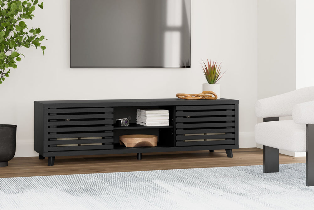 Entertain the art of modern living with this TV stand. Pairing a subtle wood grain look with a trend-right matte black finish, itâ€™s beautifully in tune with your clean-lined design sensibility. Packed with potential, two sliding doors reveal even more a