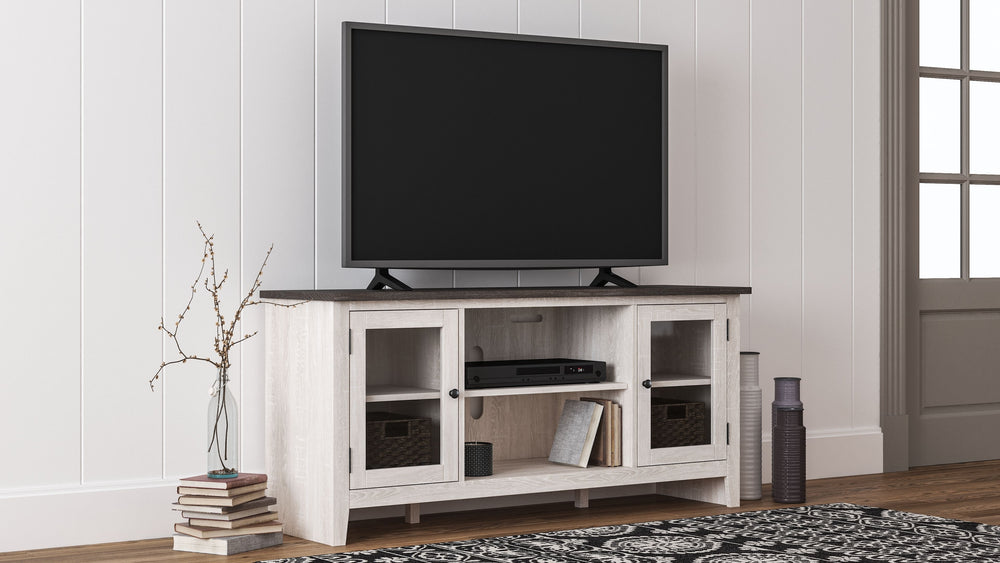 With its two-tone finish and minimalist charm, this TV stand with electric fireplace insert is right in tune with your relaxed approach to high style. Beautifully made to accommodate your media equipment, itâ€™s well equipped with adjustable shelving, cut