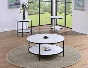 Elevate your living space with this sleek and sophisticated cocktail table set, designed to bring a touch of modern elegance to any home. The set features stunning faux marble tops that offer a luxurious aesthetic, perfectly complemented by the sturdy bla
