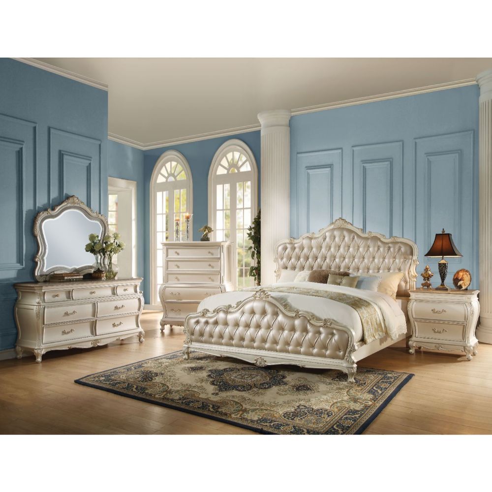 Designed exclusively for ACME, the Chantelle bedroom collection is filled with romantic wonder. The French rococo button tufted headboard and footboard complemented with a broad selection of granite top case pieces to create a perfect suite for any bedroo
