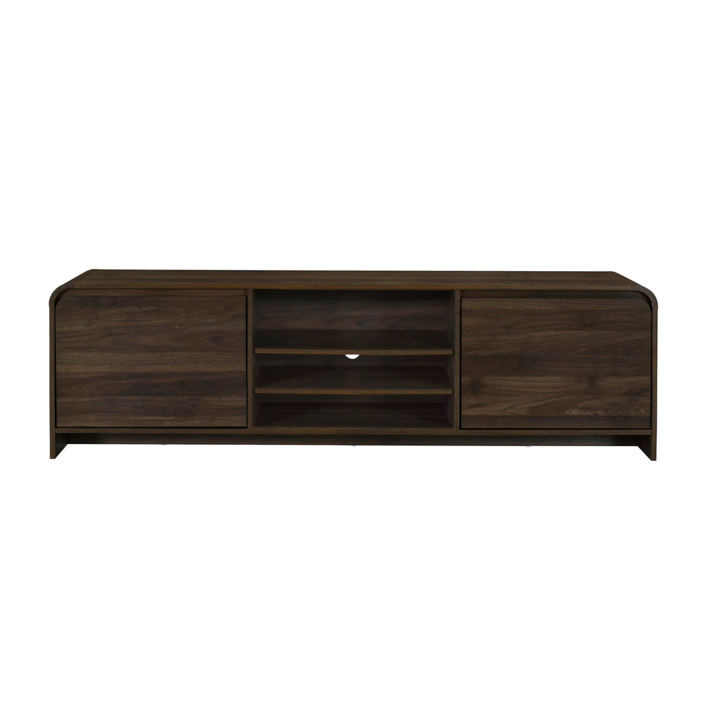 Introducing the Mara 70" TV Console in Walnut, a perfect blend of style and sustainability for your entertainment needs. Crafted from sturdy manufactured wood and coated in environmentally friendly laminate, this console boasts both durability and eco-con