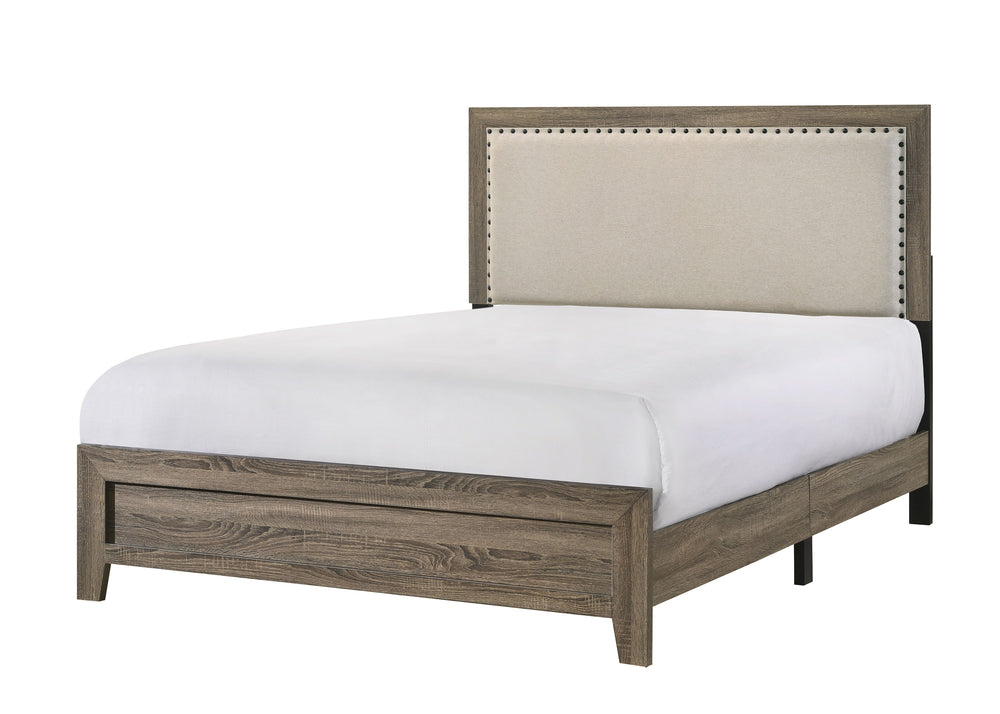 This bedroom set offers a minimalist design with a nod to rustic aesthetics, perfect for creating a serene and uncluttered space. The straightforward lines of the bed frame, combined with the upholstered headboard cushion, exude a sense of calm and comfor