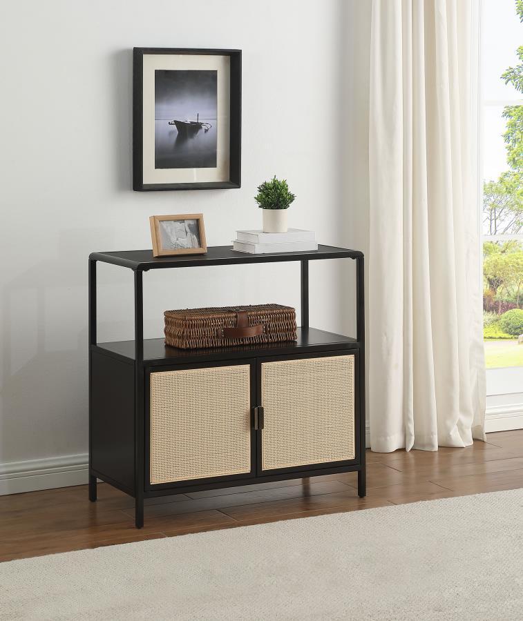 Bring a touch of coastal charm and modern design to your space with this two-door accent cabinet. Crafted with a sturdy metal frame, this cabinet offers lasting durability, while the sleek powder-coated finish resists scratches and maintains a polished lo