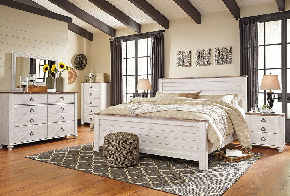 Willowton - 8 Pc. - Dresser, Mirror, Chest, King Panel Bed, 2 Nightstands - Whitewash