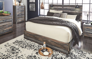 Burnt orange and teal colors accent a brown rustic finish in a replicated woodgrain with authentic touch. Large scaled dark colored handles. Cases feature a framed front and pilasters. All panel headboards (53,57,58,87) feature decorative matte black scon