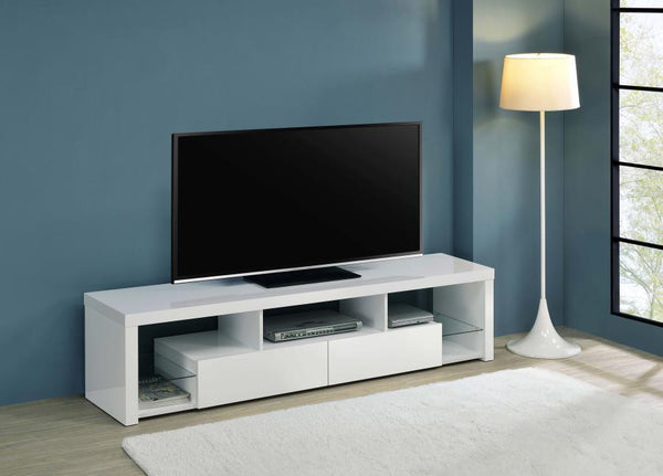  modern TV stand. With a pristine glossy white finish and clear glass accents