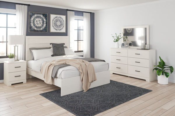 Stelsie - 6 piezas - Cómoda, espejo, cama queen de panel, 2 mesitas de noche - Blanco
