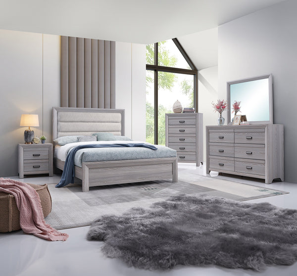  featuring a neutral drift wood finish that complements its clean and contemporary design. The robust bed frame anchors the room with a sense of sturdiness and style. Accompanying the bed ar