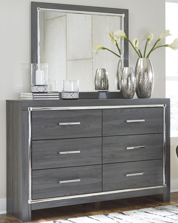 Lodanna - 6 piezas - Cómoda, espejo, cajonera, cama Queen con paneles - Gris