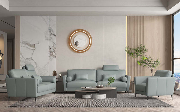 Made in Italy and upholstered in high-quality leather, the Tussio collection offers comfort and style. The gorgeous watery leather finish is fresh and fun. Included are bolster cushions and pillows to match the seating. The headrest provides added comfort