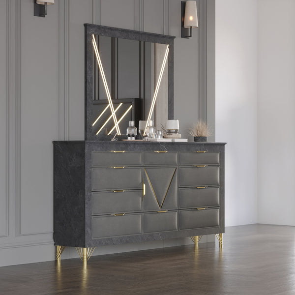 Enhance your space with the Symmetry 2-Piece Dresser & Mirror Set - Gray. Crafted from premium woods with a gray marble laminate, this set exudes timeless elegance. Gold metal and mylar accents add a glamorous touch, while English dovetail drawers ensure 