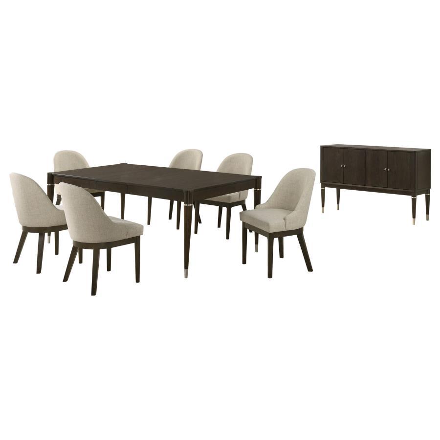 Elevate your dining area with this sophisticated dining set, featuring an ash brown table, six upholstered chairs, and a matching sideboard. The extendable table, made with engineered wood, Asian hardwood, and ash veneer, expands from 63 to 81 inches with