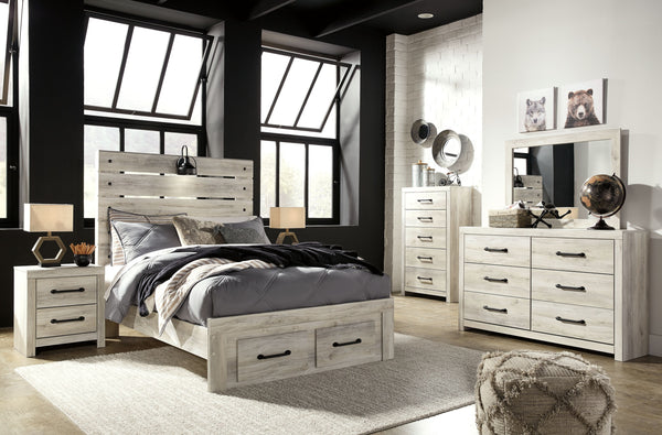 Cambeck - 5 Piezas - Cómoda, Espejo, Cama de Panel Completo con 2 Cajones de Almacenamiento - Acabado Blanqueado