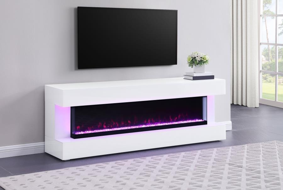 Emphasize ambiance with this modern TV stand, constructed from MDF and white glass, featuring a visual flame box insert. Its clean-lined silhouette is fresh and contemporary, making it a perfect focal point for TV entertainment or an ambient room setting.
