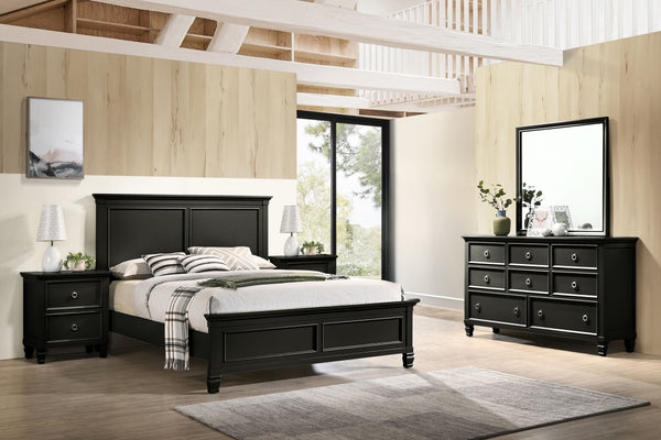 The Tamarack 5 Piece Bedroom Set in Black, featuring a Panel Bed, Dresser, Mirror, and 2 Nightstands, is a stunning combination of durability and elegance. Crafted with solid poplar, basswood veneers, and eco-friendly manufactured wood, this set ensures s