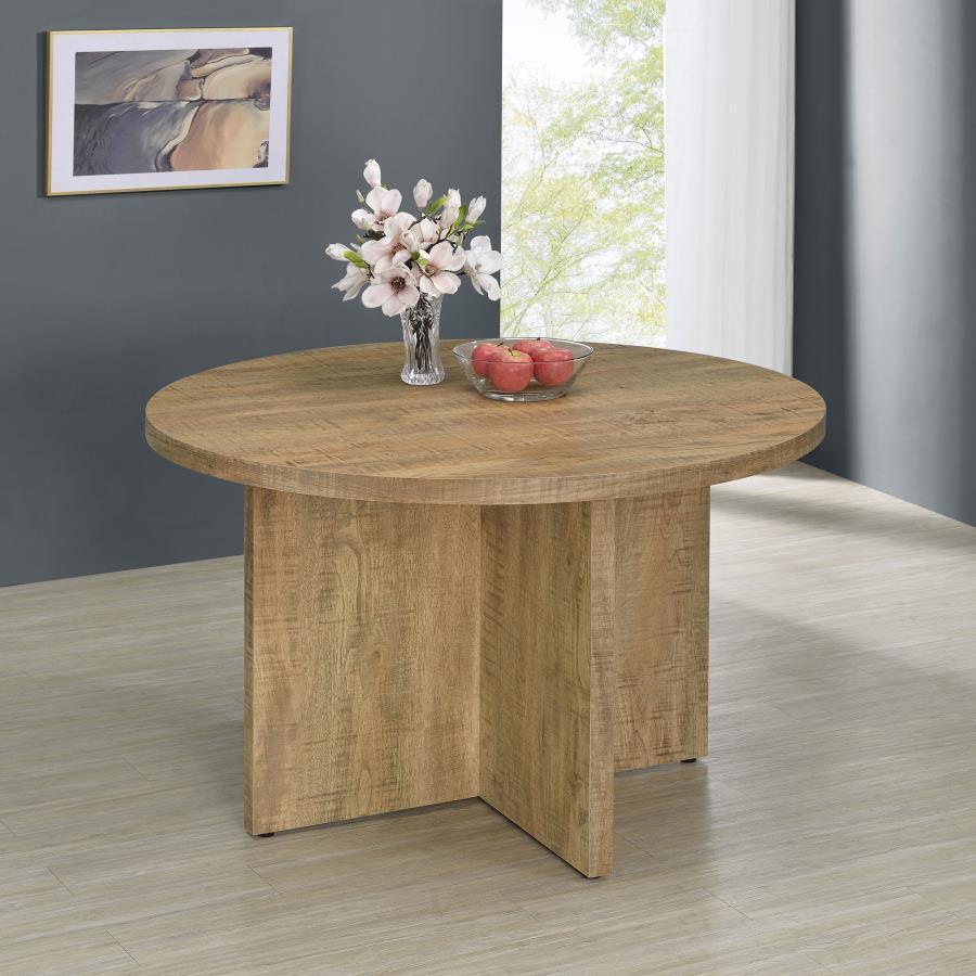 Build a stylish dining room or kitchen around this charming contemporary round dining table. It features a familiar silhouette with a bold X-cross base design that adds movement and geometric influence to the look. The table features a stylish mango wood 