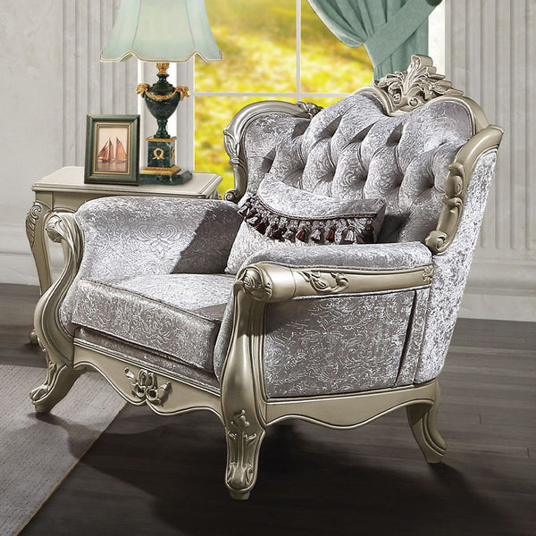 The Libertee collection sofa set is a blend of classic elegance and modern comfort. Finished in champagne, this set features a KD back, legs, and armrests with a wooden inner frame. The tight back and loose seat cushions, constructed with pocket coils, en
