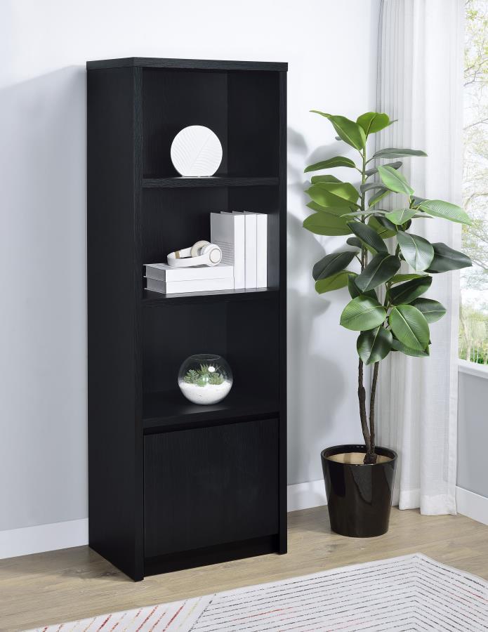 This contemporary media tower combines functionality and modern design in a sleek black finish. Built from durable engineered wood with a scratch-resistant laminate veneer, it features three open shelves for organizing media devices, books, or decor. A bo