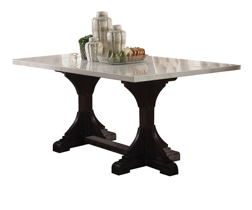 With smooth white marble over a weathered espresso trestle base, the Gerardo dining table demonstrates the easy elegance of transitional design. Matching side and arm chairs feature button tufted seat backs and tapered wooden legs in the same lovely weath