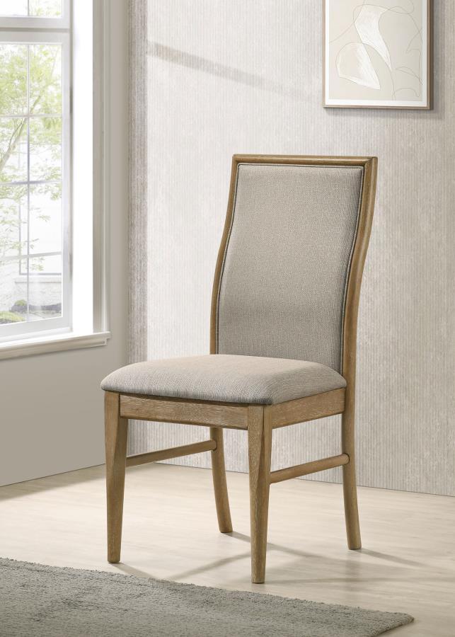 This dining chair combines a refined pearly almond finish with the comfort of warm wheat fabric upholstery. Crafted from Asian hardwood, engineered wood, and foam, the chair provides both durability and style. The ergonomic backrest offers excellent suppo