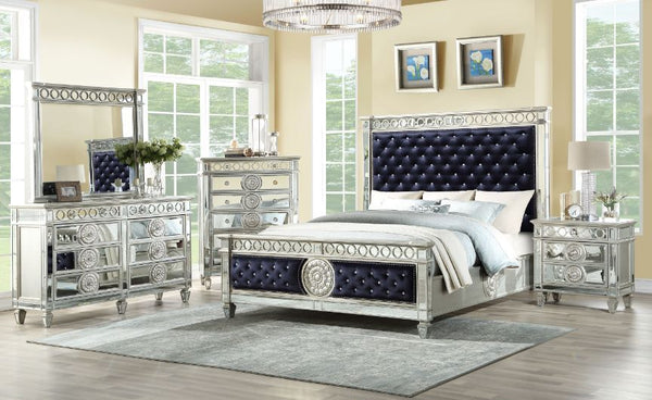 The Varian bed provides a commanding presence in any room. This contemporary panel bed features a padded rectangular headboard and low profile footboard in luxurious dark upholstery with elegantly tapered legs. Crafted with a transitional look that is an 