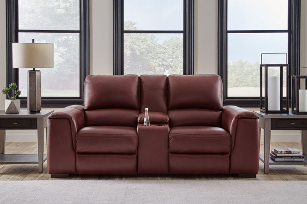  supple leather match upholstery in garnet. Sink into real leather in the seating area and inside back while catering to your comfort with one-t
