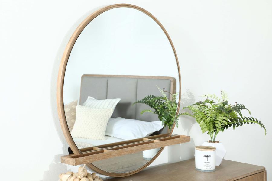 Make the most of your dresser space with this elegant, modern, dresser mirror, designed with a clever built-in tray below and a spacious round mirror above to help you prepare for the day. A wire-brushed sand wash wood frame presents an earthy light tone 