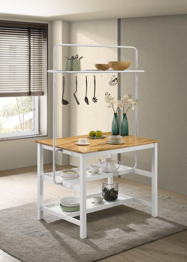  it boasts a natural brown wood finish top with a butcher block-inspired look. Its white base is a crisp choice