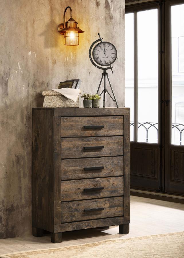 Organize your personal space with a hint of rustic style. This five-drawer chest boasts a solid silhouette that exudes rugged, masculine appeal. The slide-out drawers make it easy to keep your space looking neat and put together. The drawers are topped wi