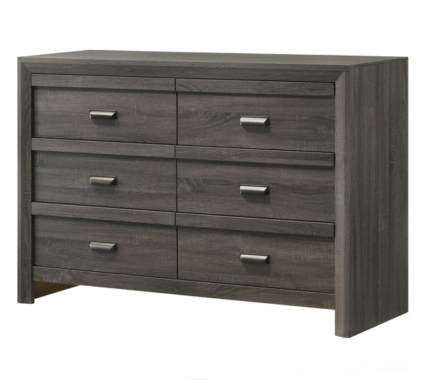 This bedroom collection encapsulates a blend of contemporary design and rustic charm. The centerpiece, a bed with a distinguished chevron patterned headboard, evokes a sense of craftsmanship and texture, infusing the space with character. Flanking the bed