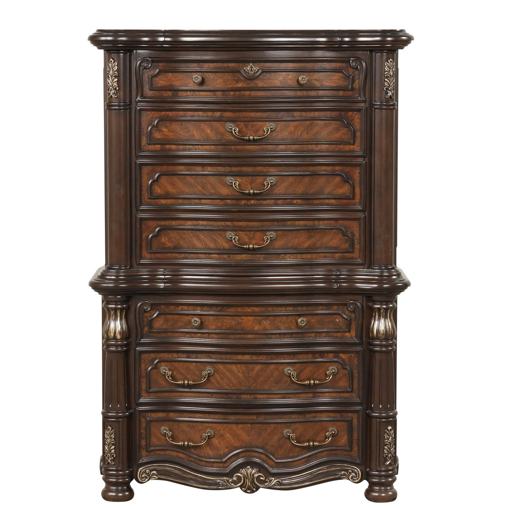 The Bella Notte 4 Drawer Chest Top in mahogany brown combines exquisite wood craftsmanship with timeless design. This chest top, ideal for use with a matching base to create a gentleman-'s or bachelor-'s chest, is crafted from a mix of solid poplar, manuf