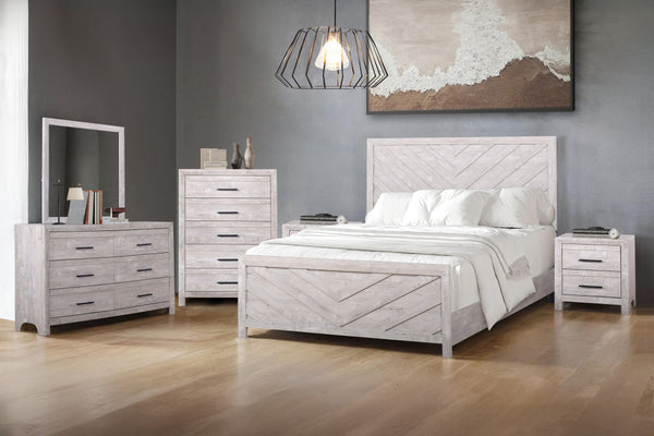 Introducing the Biscayne 6 Piece Bedroom Set, a comprehensive ensemble featuring a stylish bed, 6-drawer dresser, mirror, 5-drawer chest, and two 2-drawer nightstand. Crafted with durable manufactured wood and finished with Eco-Friendly laminated surfaces