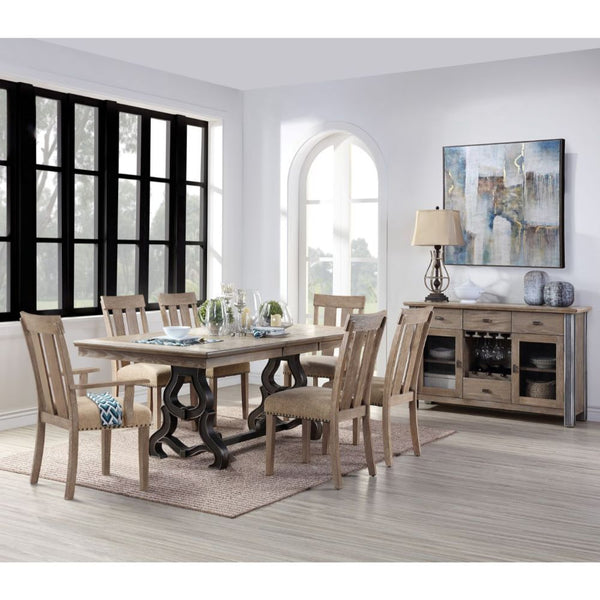 Make your dining room the centerpiece of your home with the Nathaniel dining set. This unique extendable table features a maple wood table top that sits atop an elegant, trestle base. Paring the side and arm chairs with upholstered cushions and nail-head 