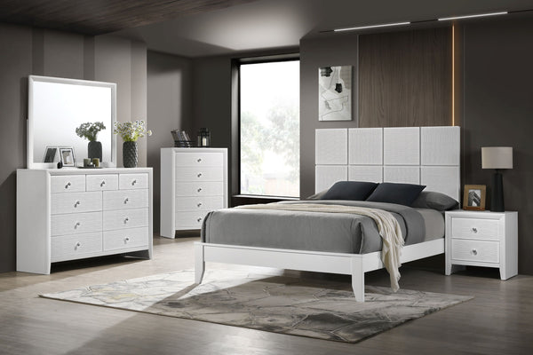 This bedroom collection is the embodiment of sleek, contemporary design, characterized by its crisp white finish and distinctive textured front panels. The centerpiece, a chic bed with a statement headboard, features geometric paneling that adds depth and
