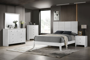 This bedroom collection is the embodiment of sleek, contemporary design, characterized by its crisp white finish and distinctive textured front panels. The centerpiece, a chic bed with a statement headboard, features geometric paneling that adds depth and