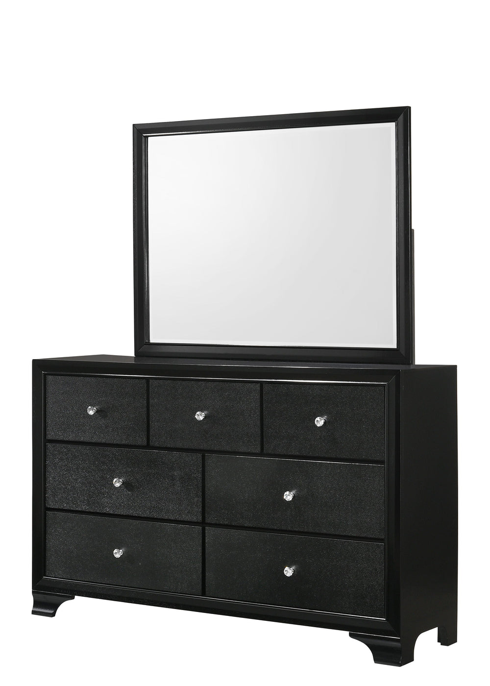 Step into a realm of sophistication and comfort with this stunning bedroom collection. Each piece showcases an exquisite blend of traditional charm and contemporary flair, making a bold statement with its textured surfaces and rich black finish. The bed, 