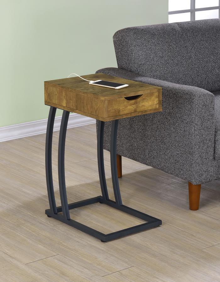 Designed for convenience and styled for optics. This accent table blends the best of architecture and earthy ambiance. Antique nutmeg finish wood offers a rustic look in a tabletop unit with storage drawers. Blended with a sleek dark metal frame, it stand