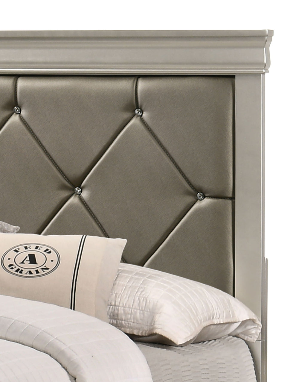 This bedroom set embodies a refined elegance with its soft silver hue and luxurious textures, perfect for creating a serene and sophisticated sanctuary. The centerpiece is a sumptuous bed framed by a headboard with diamond-tufted detailing, offering a tou