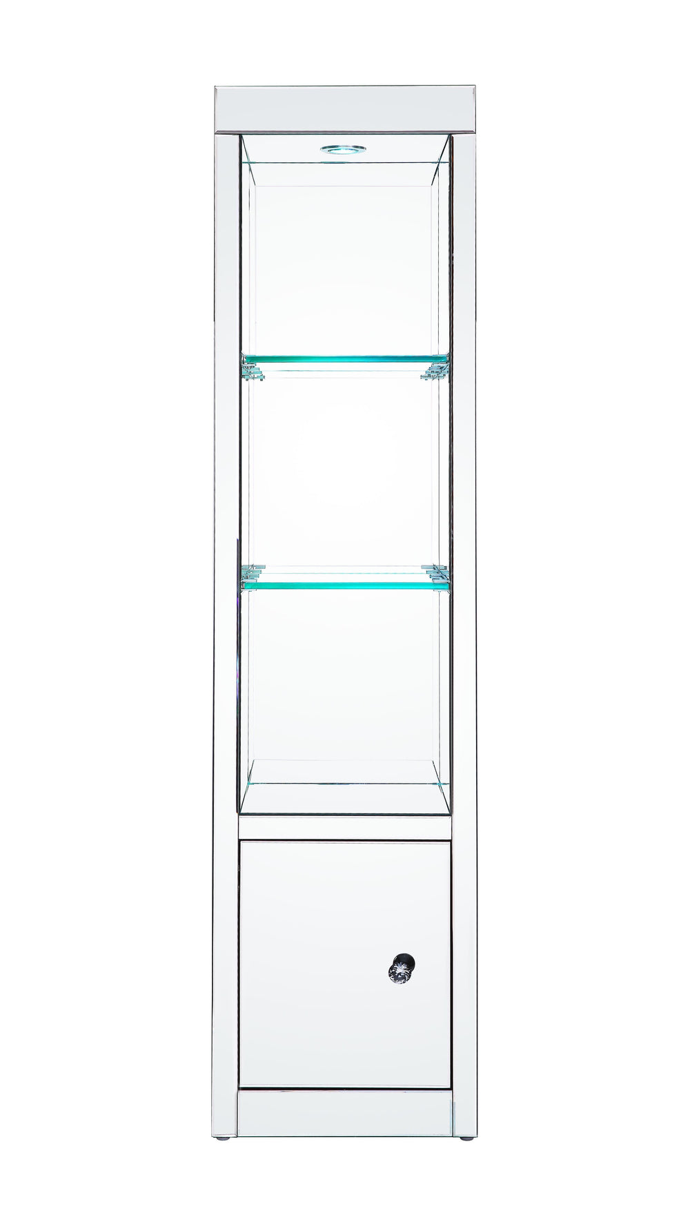 Add some Hollywood glamour to highlight your collection. The Lotus Side Pier is accented by mirrored surfaces, adding depth and shine to room areas. It offers three tier shelves with LED lights that make your decorations stand out in a luxe-glam style and