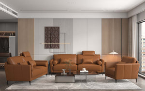 Made in Italy and upholstered in high-quality leather, the Tussio collection offers comfort and style. The gorgeous saddle tan leather finish is modern. Included are bolster cushions and pillows to match the seating. The headrest provides added comfort to