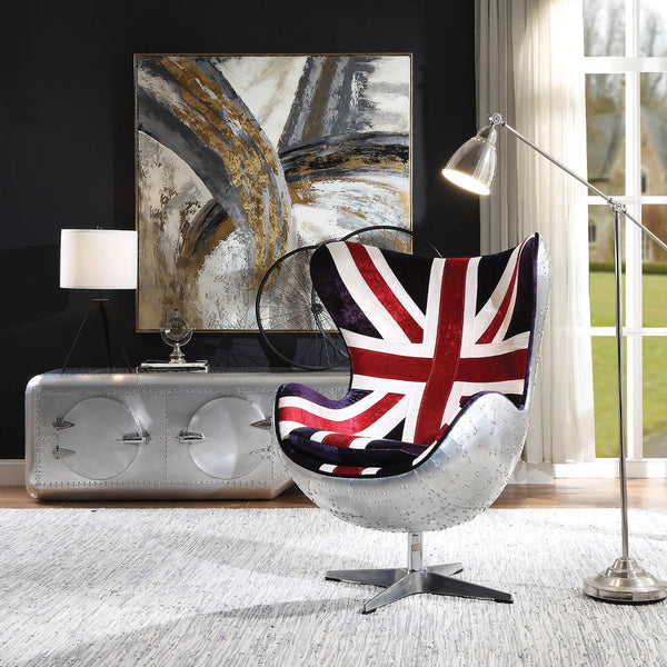  curved design and stitched detail in the England flag pattern upholstery gives the swivel accent chair a stand-out sense of style. Crafted from metal with an aluminum finish