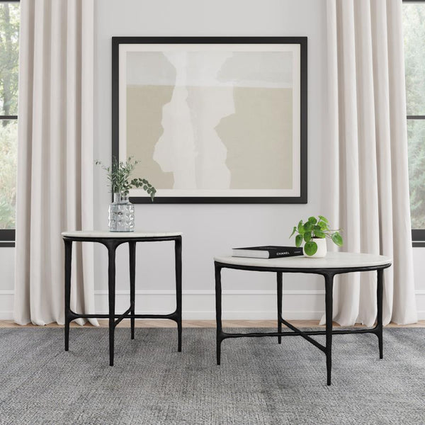 Hermas - Round Genuine Marble Top Metal End Side Table - White