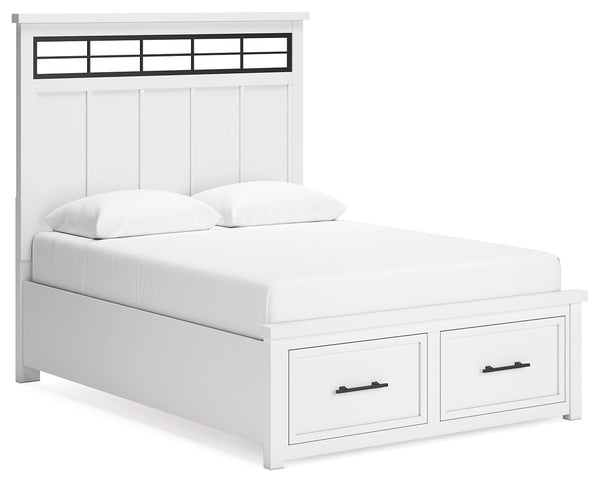 This queen panel storage bed delivers casual style with substance. An inset metal detail on the headboard displays a unique take on modern farmhouse design. The bed-'s sturdy silhouette