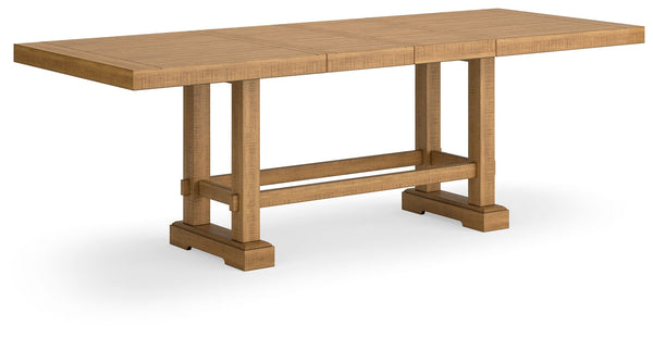 This counter height dining table is a favorite for casual rustic interiors. Offering plenty of seating space, itâ€™s your answer for everyday living and impromptu guests. And the distressed pine finish, double trestle base and two extension leaves? Delici