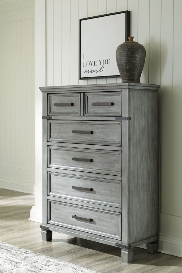  the eclectic piece features a light weathered gray finish with dark aged bronze-tone bar pulls and metal straps for a casually cool sensibility. Profiled drawer 